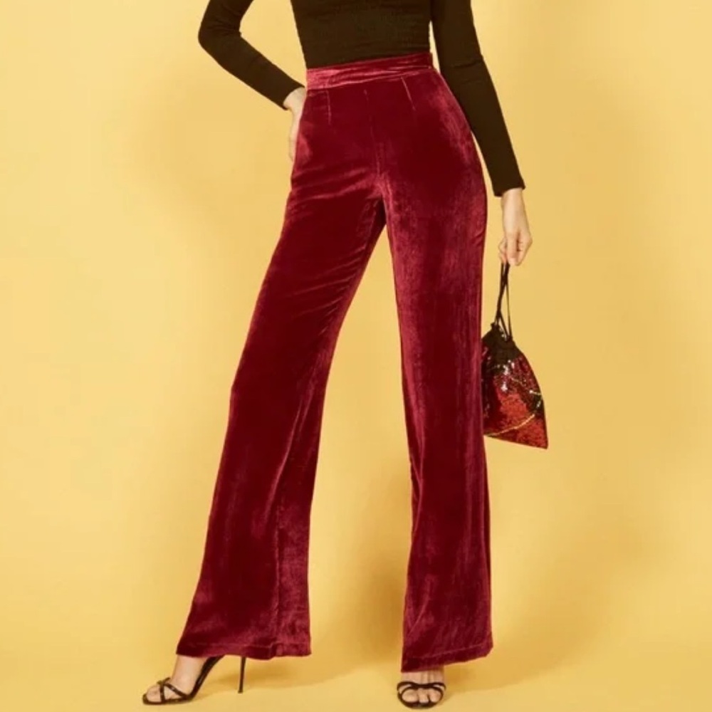 Reformation Punk Rock Velvet Gothic Silk Mulholland Pants Holiday Red Trousers 0